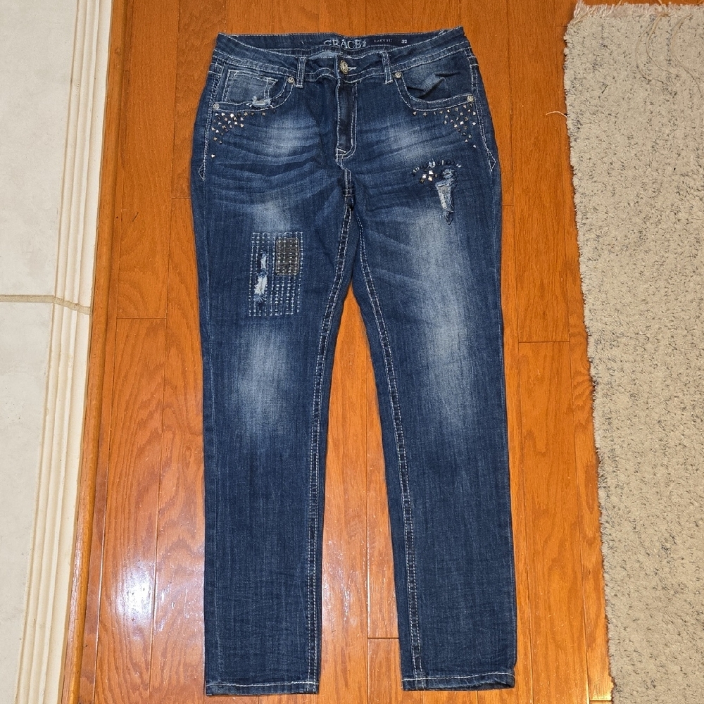 Grace In LA Blue Jeans with Studded Details 32 Easy Fit